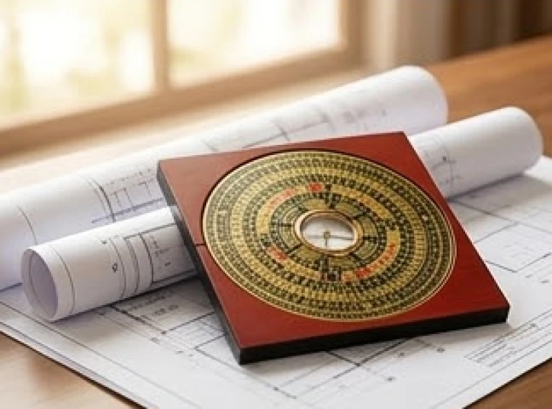 Bản vẽ thiết kế nhà cửa nằm cạnh chiếc la bàn phong thủy để tính toán phương hướng và tuổi tác
