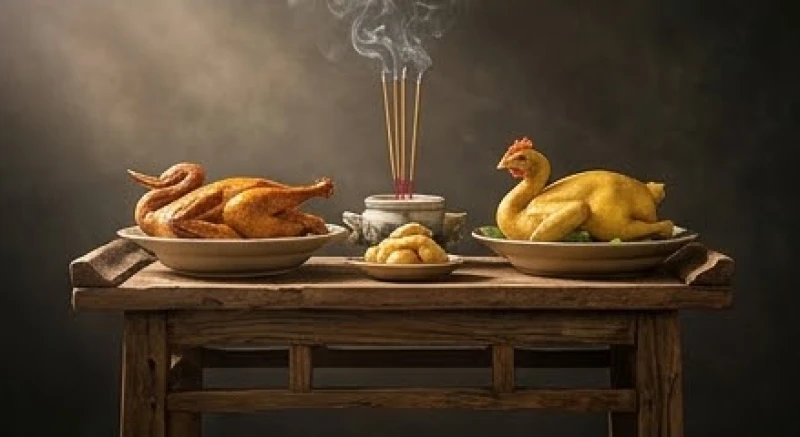 Sự cân bằng năng lượng âm dương thông qua các vật phẩm cúng tế là thịt gà và thịt vịt trên bàn thờ