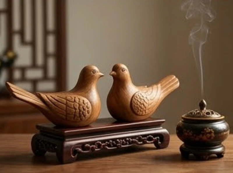 Một cặp bồ câu gỗ được chạm khắc tinh xảo tượng trưng cho sự gắn kết bền chặt và bình yên trong gia đạo