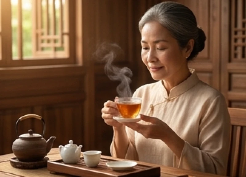 Người phụ nữ trung niên với nụ cười hiền hậu đang thư giãn tĩnh tâm bên bàn trà gỗ mộc mạc