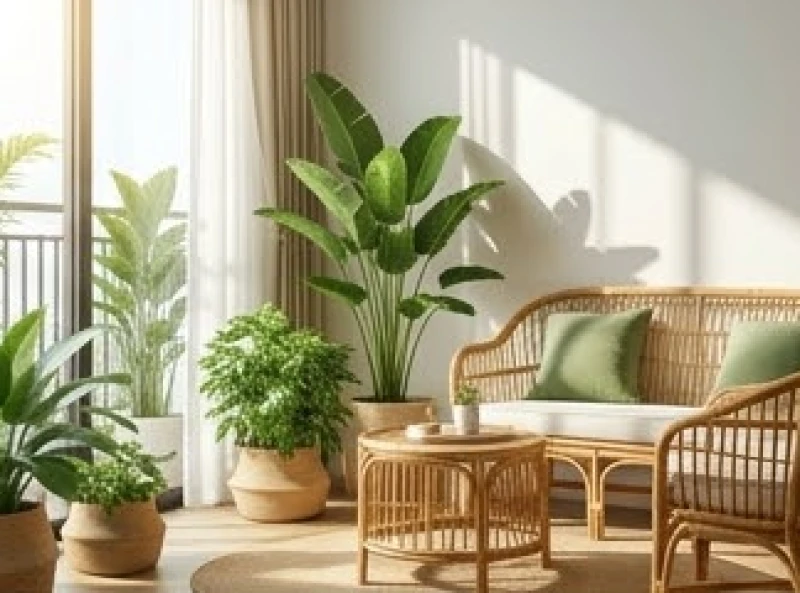 Góc sinh hoạt tràn ngập ánh sáng ban mai với nhiều mảng xanh và vật liệu gỗ thuộc hành Mộc