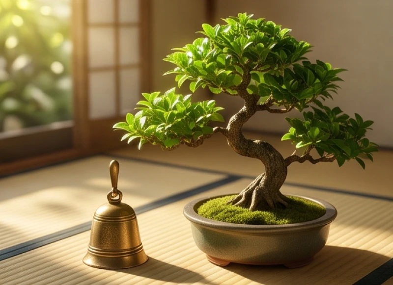 Giờ hoàng đạo hợp tuổi Thìn: bộ lọc kép và giờ Lục Nhâm 6 Chậu cây bonsai xanh tốt đặt cạnh một chiếc chuông đồng nhỏ thể hiện sự kết hợp giữa Mộc và Kim