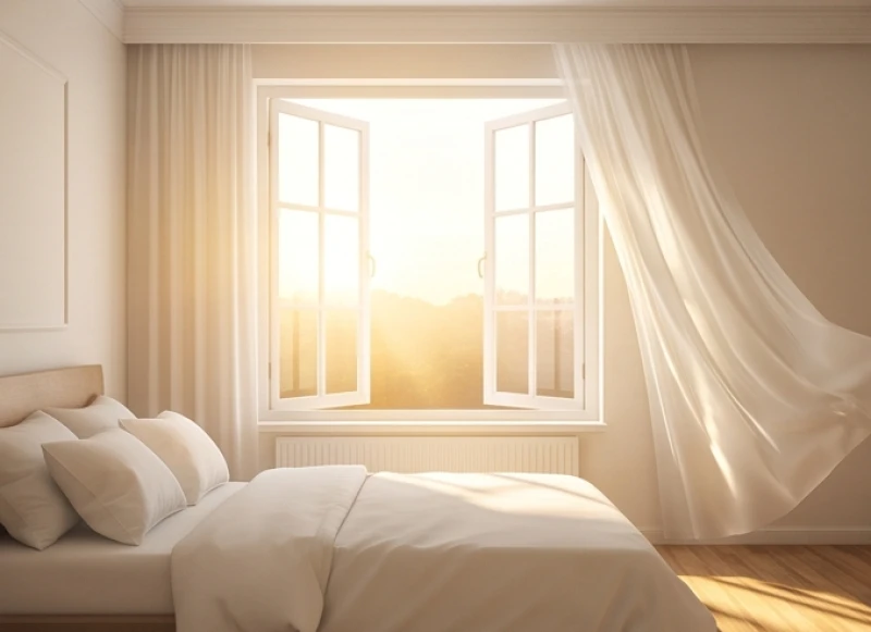 Căn phòng ngủ sáng sủa với cửa sổ mở toang đón nắng sớm giúp xua tan dòng năng lượng tiêu cực sau giấc chiêm bao