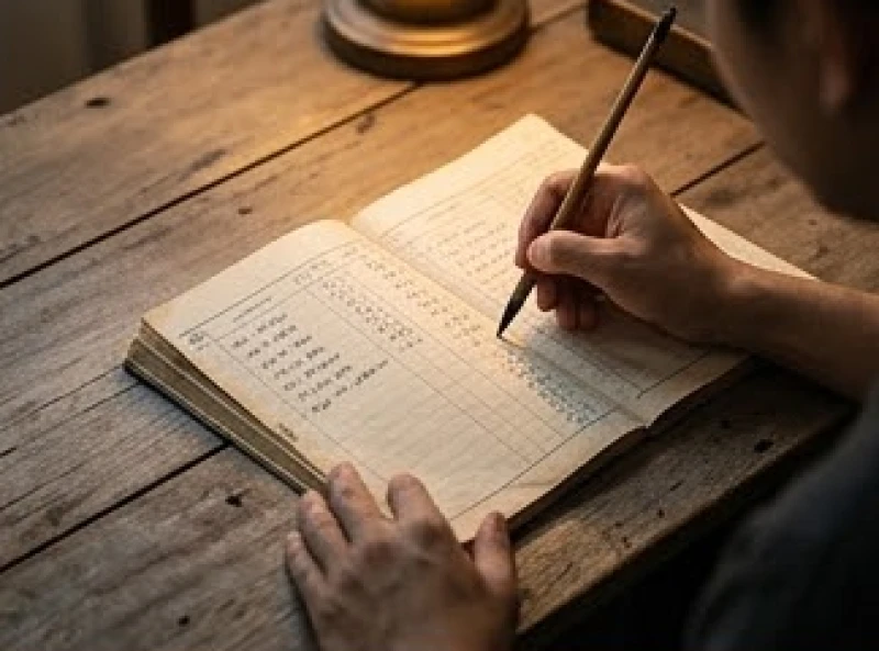 Người đang cẩn trọng ghi chép sổ sách tài chính dưới ánh đèn vàng ấm áp để quản lý chi tiêu