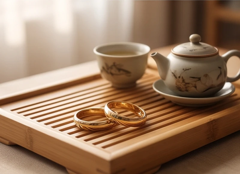 Cặp nhẫn cưới lấp lánh đặt cạnh tách trà gốm sứ truyền thống biểu tượng cho sự viên mãn trong gia đạo