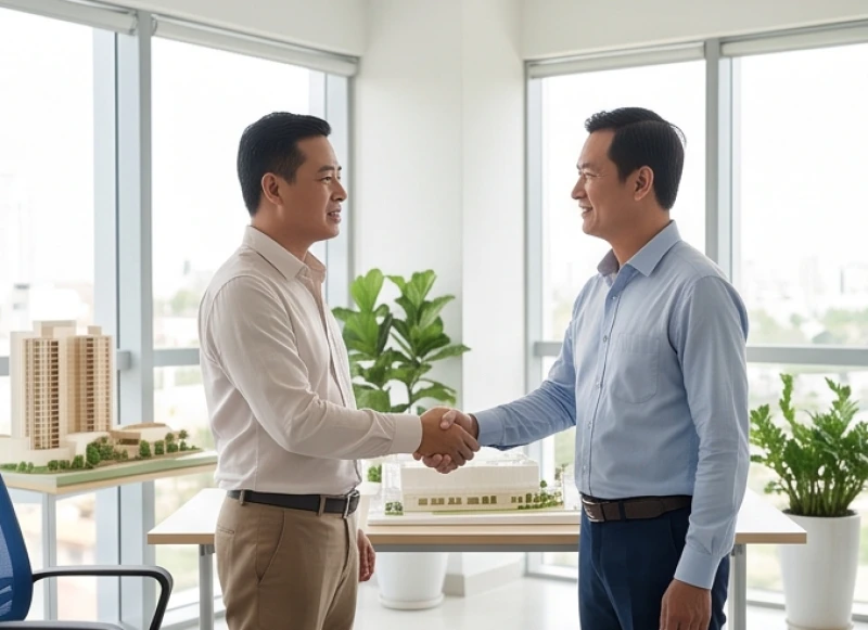 Tử vi trọn đời tuổi Giáp Ngọ 1954 nam mạng: Luận giải hậu vận 4 Hai người đàn ông trung niên mặc vest lịch sự đang bắt tay hợp tác đầy tin cậy