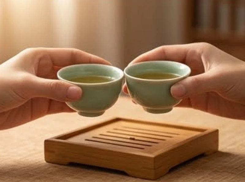 Hai bàn tay chạm ly trà ấm áp trong một buổi thương thảo kinh doanh hài hòa