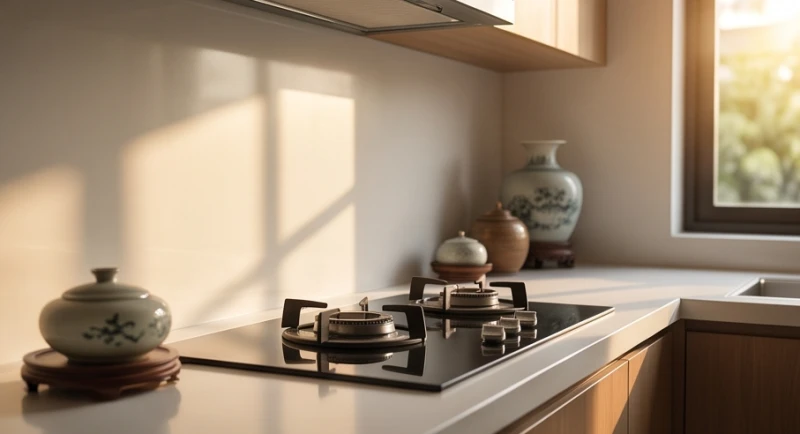 Gian bếp hiện đại với mặt bếp được bố trí xoay về hướng cửa sổ đón ánh sáng mặt trời rực rỡ