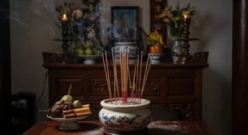 Bát hương đầy ắp chân nhang với khói mờ ảo trong không gian chật hẹp, biểu thị sự ứ đọng trường khí cần được dọn dẹp