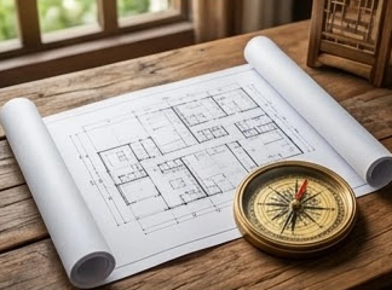 Bản vẽ thiết kế kiến trúc đặt trên mặt bàn gỗ cùng chiếc la bàn phong thủy bằng đồng