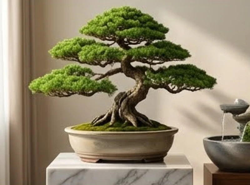 Một chậu cây bonsai cổ thụ tươi tốt được trồng trong bình gốm sứ đặt trên bệ đá cẩm thạch