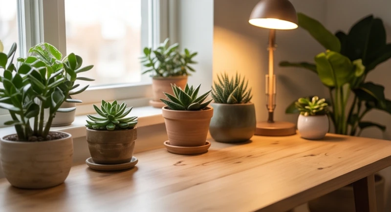 Không gian làm việc có nhiều yếu tố mộc như gỗ và cây xanh giúp cân bằng năng lượng ngũ hành