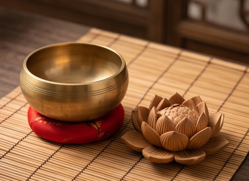 Biểu tượng ngũ hành bằng kim loại và gỗ đặt cạnh nhau thể hiện sự tương khắc Kim Mộc