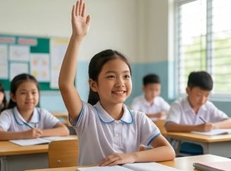 Bé gái 10 tuổi hăng say giơ tay phát biểu trong lớp học với gương mặt rạng rỡ