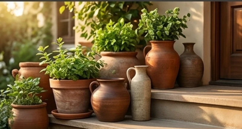 Góc hiên nhà bày trí các chậu cây bằng gốm đất nung mang đậm năng lượng hành Thổ hỗ trợ gia chủ sinh năm 1991