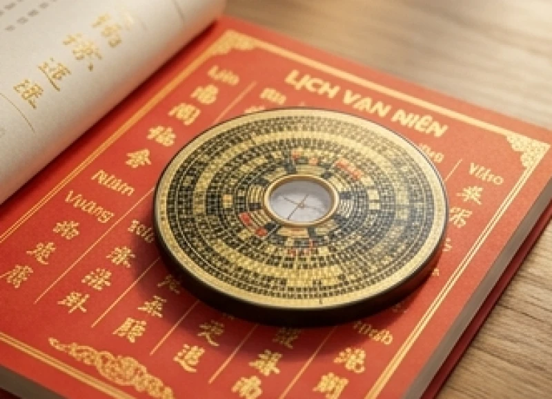 Tháng tốt xấu của tuổi Mùi năm 2027: Lịch cát hung từng nạp âm 1 La bàn phong thủy và cuốn lịch đỏ đặt trên bàn gỗ thể hiện vận hạn năm 2027