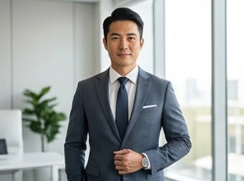 Nam doanh nhân mặc vest chỉnh tề thể hiện sự tự tin và thành đạt trong không gian làm việc chuyên nghiệp