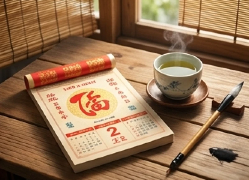 Lịch chọn ngày giờ hoàng đạo được bày trên bàn gỗ để đối chiếu tuổi Tý khi khai trương