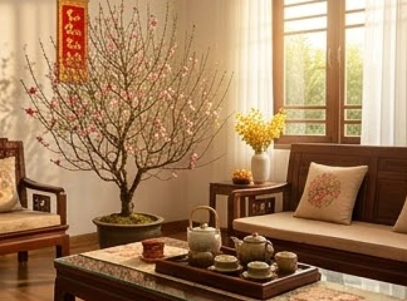 Không gian phòng khách ngày Tết được trang hoàng ấm cúng để chào đón sinh khí đầu năm mới cho người tuổi Sửu.