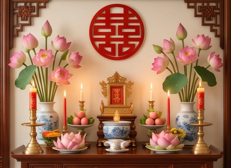 Bàn thờ gia tiên trang hoàng lộng lẫy với hoa sen và chữ Hỷ đỏ trong ngày trọng đại của đôi uyên ương