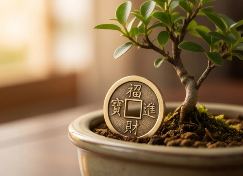 Tứ hành xung tuổi Mão: Chi tiết theo nạp âm và cách hóa giải 3 Đồng xu kim loại sắc lạnh được đặt cạnh một chậu cây cảnh bonsai nhỏ đang vươn mầm non
