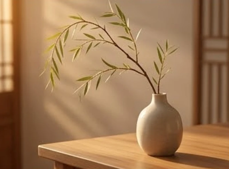 Biểu tượng phong thủy ngũ hành mệnh mộc với cành dương liễu rủ mềm mại trên nền ánh sáng ấm áp
