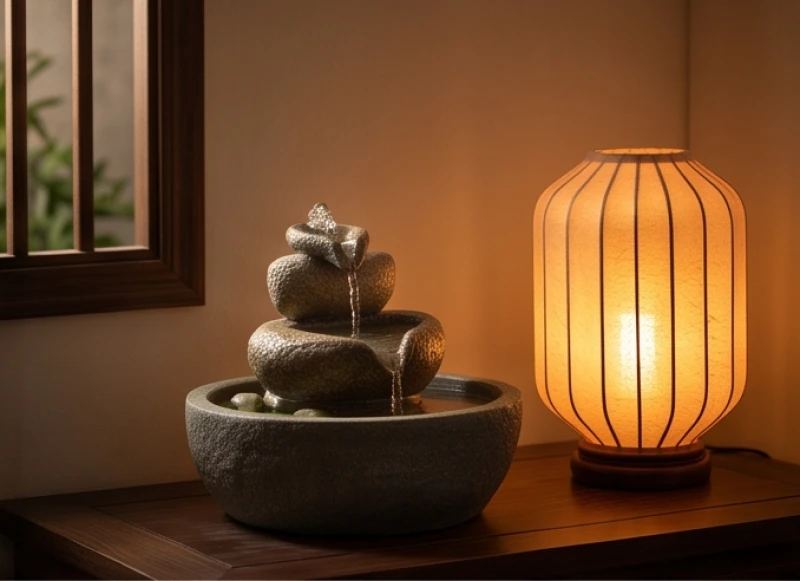 Sự cân bằng ngũ hành Thủy và Hỏa trong không gian sống thông qua tiểu cảnh nước và ánh sáng ấm áp