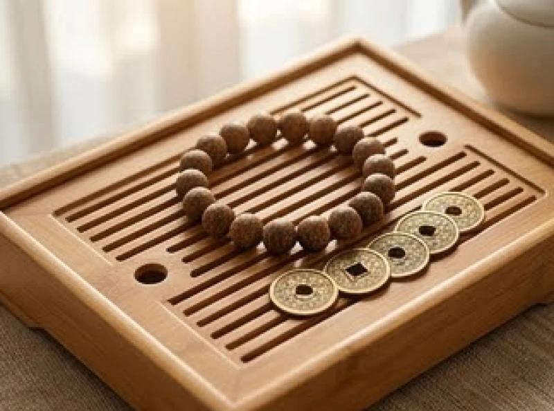 Vòng ngọc trầm hương và các đồng xu cổ mang năng lượng phong thủy cân bằng trên khay trà bằng tre