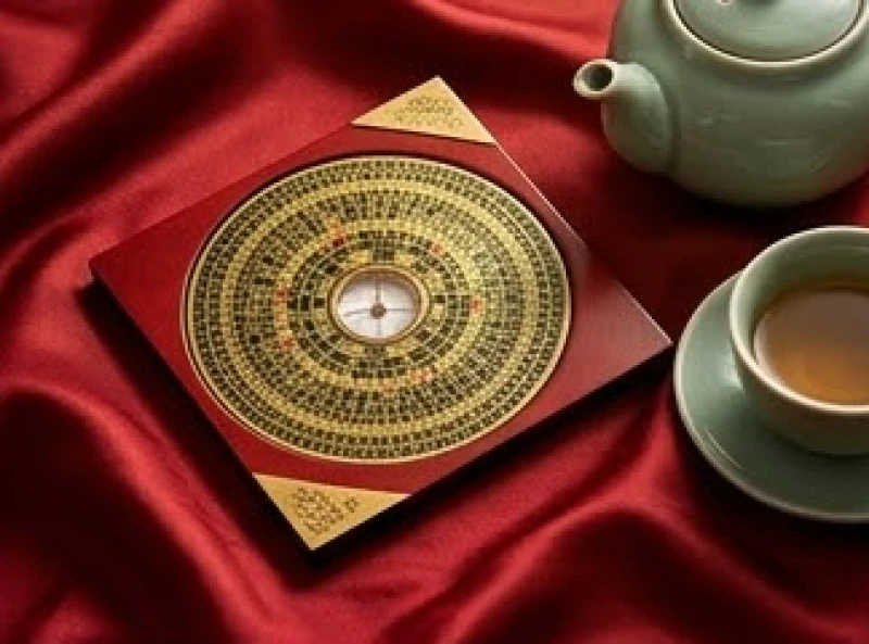 Tuổi Mão hợp kết hôn với tuổi nào: Chuẩn can chi nam nữ 2 La bàn phong thủy La Kinh đặt trên tấm lụa đỏ bên cạnh chén trà gốm sứ truyền thống.