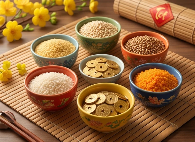 Tuổi Thìn kiêng gì trong ngày Tết: Chi tiết theo từng nạp âm 2 Sự cân bằng ngũ hành được thể hiện qua các mâm cúng và vật phẩm phong thủy trong phòng khách