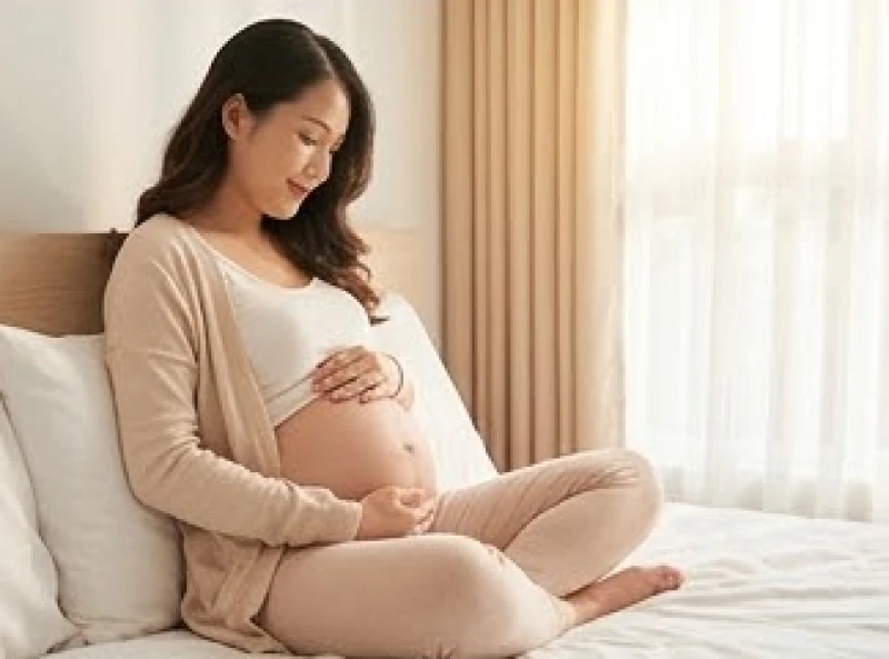 Người mẹ mang thai xoa bụng với nét mặt thư thái bình an trong không gian phòng ngủ thanh lịch