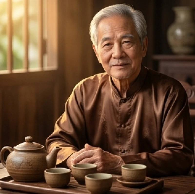 Tử vi tuổi Ất Mùi 1955 năm 2026: Đối chiếu sao hạn và nghi thức 2 Cụ ông mặc áo lụa màu nâu đất ngồi bên ấm trà gốm mộc mạc để bổ trợ vượng khí ngũ hành