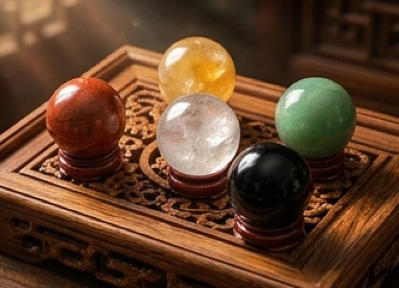 Biểu tượng ngũ hành bằng đá phong thủy được sắp xếp cân bằng trên khay gỗ chạm khắc
