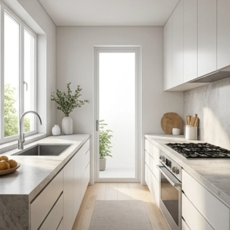 Thiết kế phòng bếp hiện đại hợp phong thủy với khoảng cách an toàn giữa khu vực bồn rửa và bếp nấu