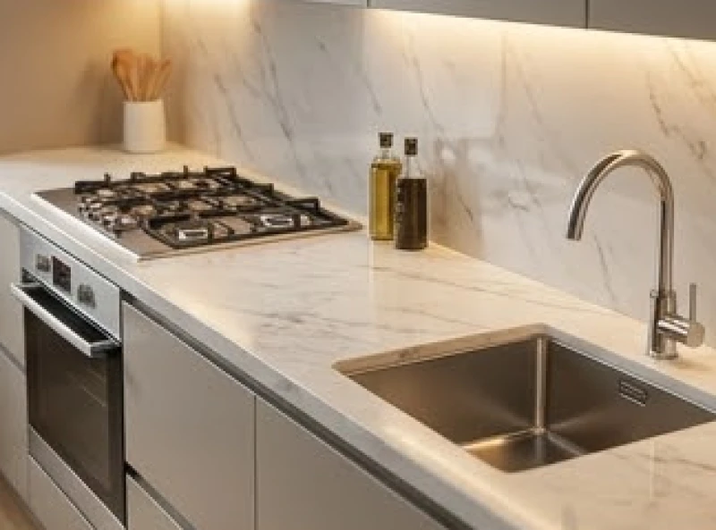 Thiết kế bếp nấu và bồn rửa được bố trí cách xa nhau trên mặt bàn đá hoa cương sạch sẽ