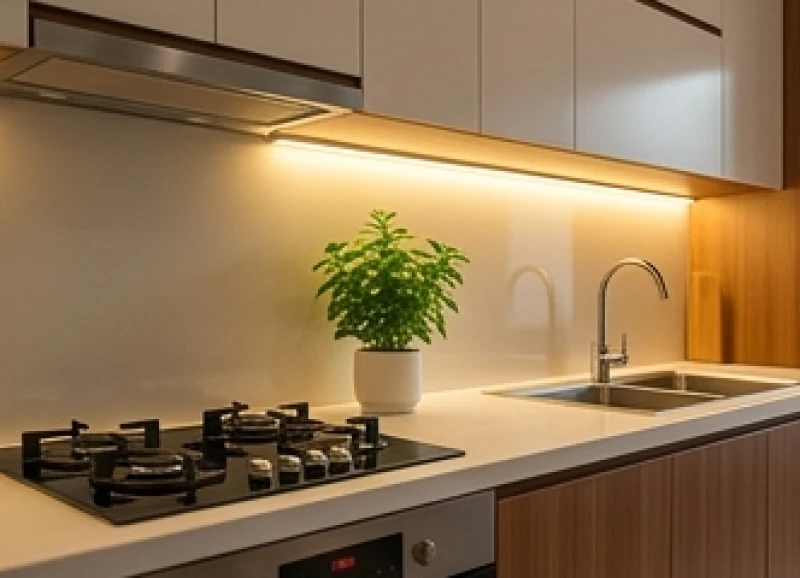 Căn bếp hiện đại gọn gàng với bếp nấu và bồn rửa được bố trí cách xa nhau theo ngũ hành