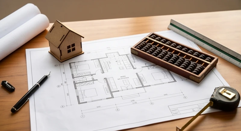 Bản vẽ thiết kế kiến trúc nhà ở được đặt cạnh một mô hình ngôi nhà nhỏ bằng gỗ trên bàn làm việc