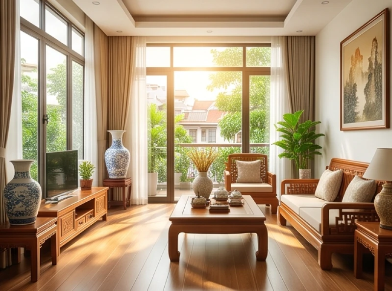 Không gian phòng khách ngập tràn ánh sáng tự nhiên tượng trưng cho cung Tứ Tấn Tài