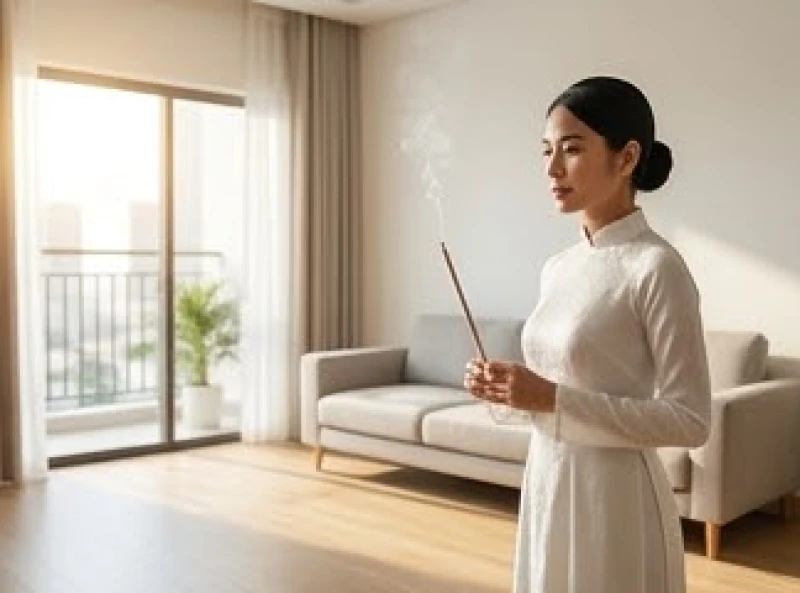 Gia chủ tuổi Nhâm Dần mặc trang phục sáng màu thực hiện nghi thức thắp hương trong nhà mới