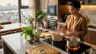 Không gian nấu nướng hiện đại ứng dụng chuẩn xác phong thủy phòng bếp cho người tuổi dần giúp hóa giải hướng xấu