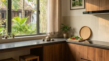 Không gian phong thủy phòng bếp cho người tuổi hợi với thiết kế tủ bếp hiện đại và hướng bếp chuẩn