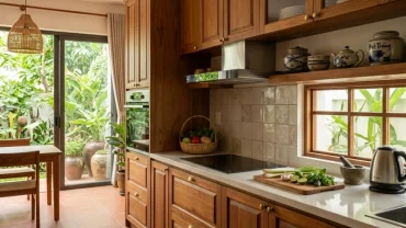 Không gian phong thủy phòng bếp cho người tuổi sửu với thiết kế tủ bếp gỗ ấm cúng mang nét văn hóa Việt Nam