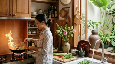Không gian nội thất áp dụng chuẩn phong thủy phòng bếp cho người tuổi thân với gam màu hiện đại hài hòa