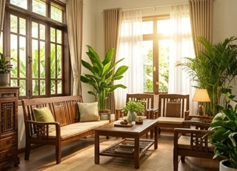Phòng khách ngập tràn ánh sáng tự nhiên với cây xanh giúp hóa giải sát khí Hình Thái Tuế
