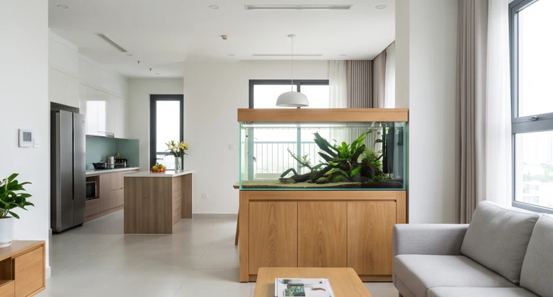 Bể cá phong thủy tuổi Sửu: Cấu hình chuẩn nạp âm và kích thước 13 Hồ thủy sinh được bố trí ở góc thoáng đãng trong phòng khách cách xa khu bếp
