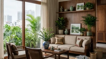Mẫu thiết kế phòng khách ấm cúng chuẩn phong thủy phòng khách cho người tuổi dậu với nội thất gỗ