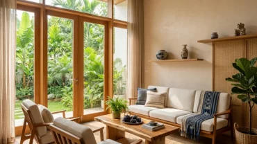 Mẫu thiết kế nội thất chuẩn phong thủy phòng khách cho người tuổi hợi với bộ sofa hiện đại và ánh sáng tự nhiên