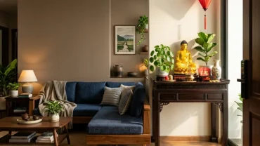 Không gian bố trí phong thủy phòng khách cho người tuổi mão với sofa hình chữ L sang trọng và ánh sáng tự nhiên