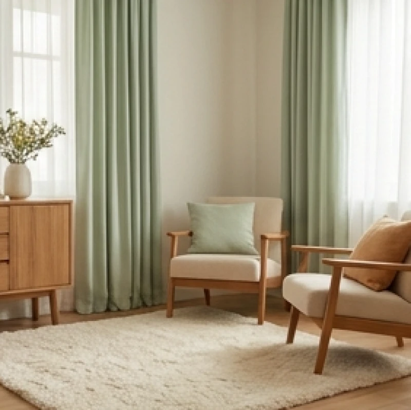 Rèm cửa màu pastel nhẹ nhàng kết hợp thảm trải sàn trong phòng khách giúp cân bằng luồng khí xung khắc