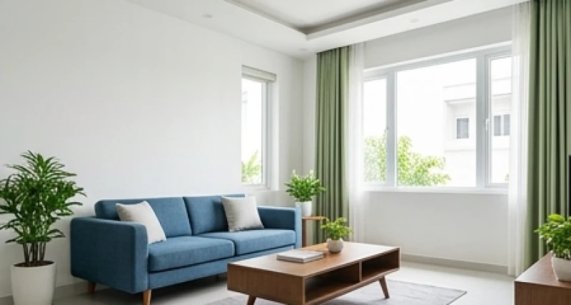 Không gian phòng khách sơn tường trắng sứ kết hợp sofa nỉ xanh dương và rèm cửa xanh lá cây hợp mệnh